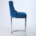 Tabouret de comptoir en velours bleu clair / beige / gris, style dossier capitonné, lot de 2