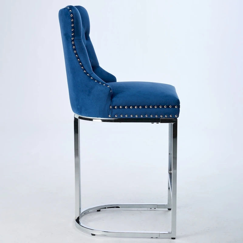 Tabouret de comptoir en velours bleu clair / beige / gris, style dossier capitonné, lot de 2