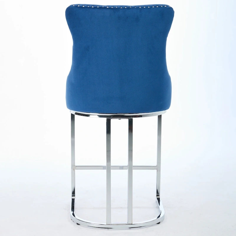 Tabouret de comptoir en velours bleu clair / beige / gris, style dossier capitonné, lot de 2
