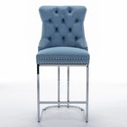 Tabouret de comptoir en velours bleu clair / beige / gris, style dossier capitonné, lot de 2
