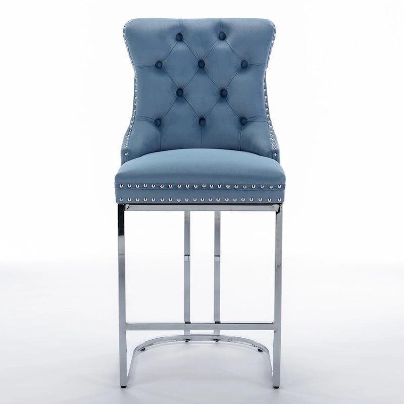 Tabouret de comptoir en velours bleu clair / beige / gris, style dossier capitonné, lot de 2