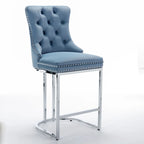 Tabouret de comptoir en velours bleu clair / beige / gris, style dossier capitonné, lot de 2