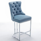 Tabouret de comptoir en velours bleu clair / beige / gris, style dossier capitonné, lot de 2
