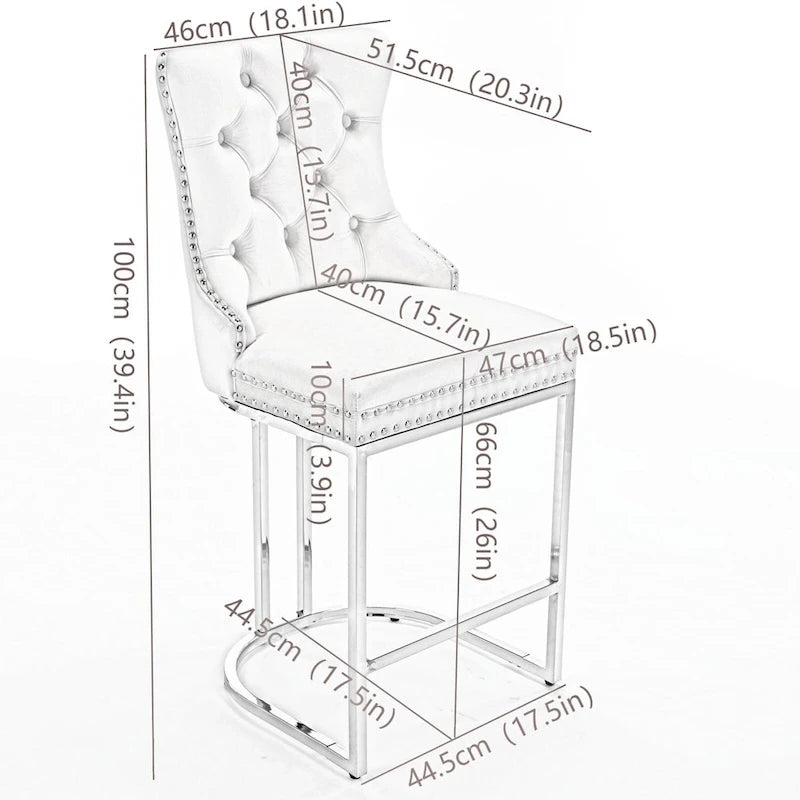Tabouret de comptoir en velours bleu clair / beige / gris, style dossier capitonné, lot de 2