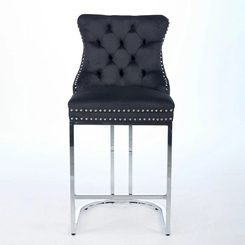 Tabouret de comptoir en velours bleu clair / beige / gris, style dossier capitonné, lot de 2