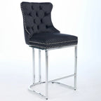 Tabouret de comptoir en velours bleu clair / beige / gris, style dossier capitonné, lot de 2