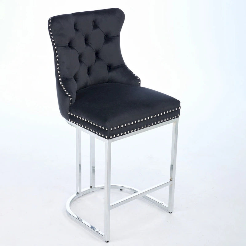 Tabouret de comptoir en velours bleu clair / beige / gris, style dossier capitonné, lot de 2
