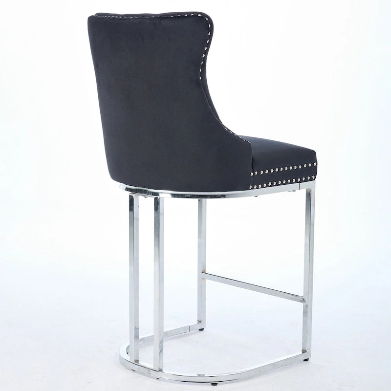 Tabouret de comptoir en velours bleu clair / beige / gris, style dossier capitonné, lot de 2