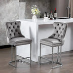 Tabouret de comptoir en velours bleu clair / beige / gris, style dossier capitonné, lot de 2