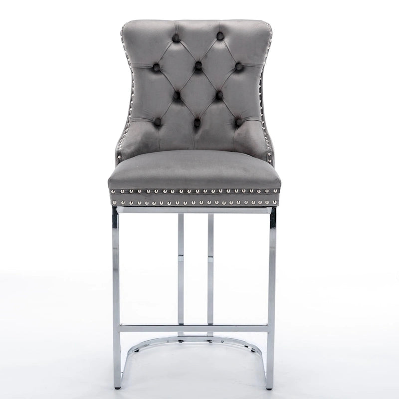 Tabouret de comptoir en velours bleu clair / beige / gris, style dossier capitonné, lot de 2
