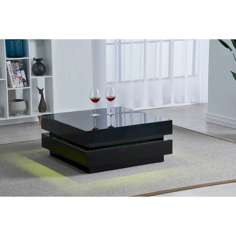 Table basse carrée noire brillante avec lumière LED multicolore, assemblage par 2 personnes