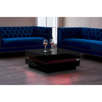 Table basse carrée noire brillante avec lumière LED multicolore, assemblage par 2 personnes