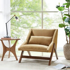 Fauteuil 1 place en velours jaune moutarde et bois de noyer