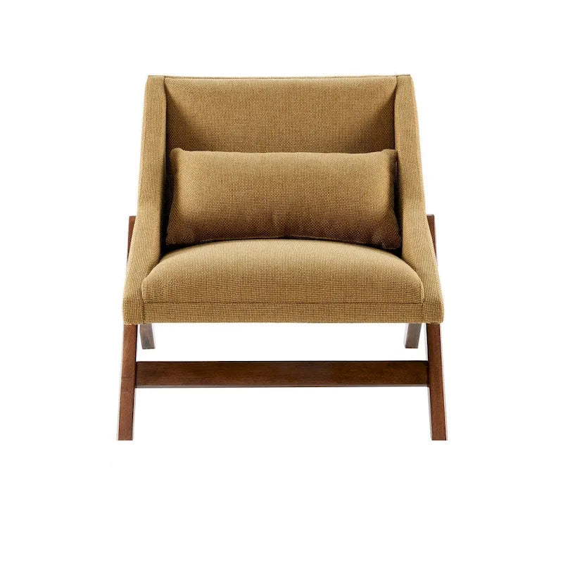 Fauteuil 1 place en velours jaune moutarde et bois de noyer
