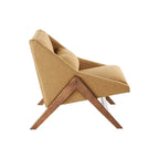 Fauteuil 1 place en velours jaune moutarde et bois de noyer