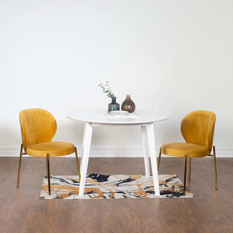 Ensemble de salle à manger 3 pièces, table ronde blanche et 2 chaises en velours — Jaune / Vert / Bleu, 2 places