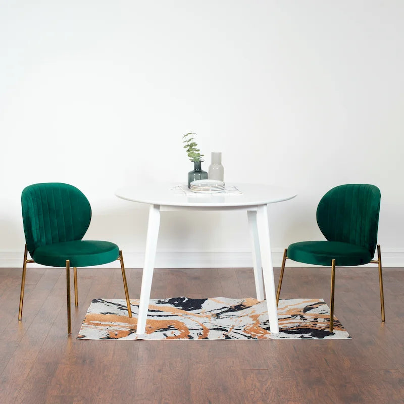 Ensemble de salle à manger 3 pièces, table ronde blanche et 2 chaises en velours — Jaune / Vert / Bleu, 2 places
