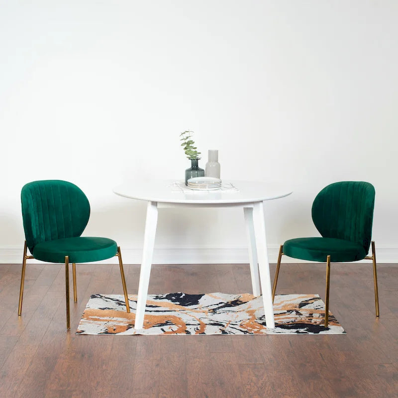 Ensemble de salle à manger 3 pièces, table ronde blanche et 2 chaises en velours — Jaune / Vert / Bleu, 2 places