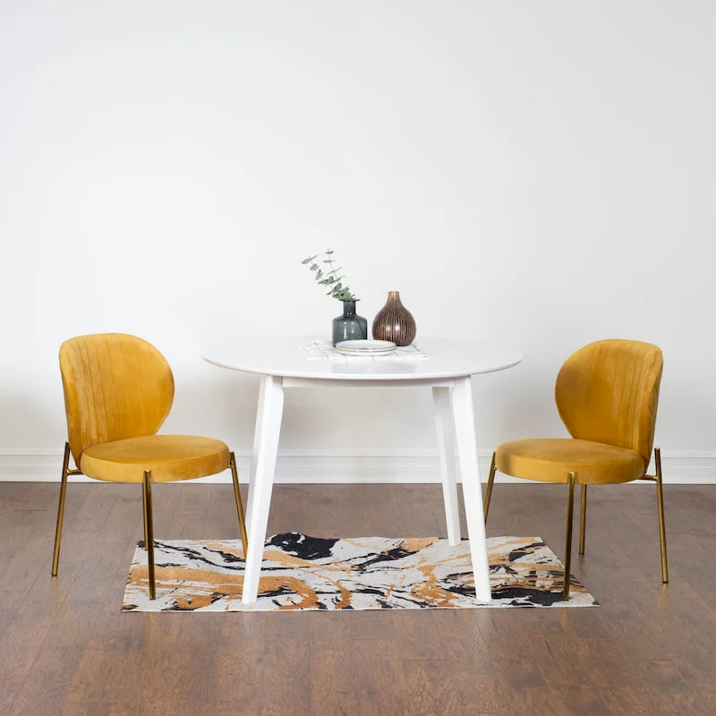 Ensemble de salle à manger 3 pièces, table ronde blanche et 2 chaises en velours — Jaune / Vert / Bleu, 2 places