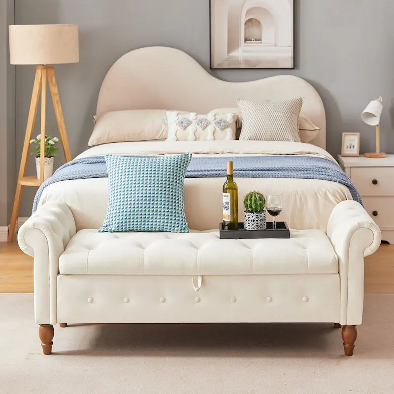 Banc ottoman de rangement capitonné gris/beige avec accoudoirs roulés, 1 à 2 places