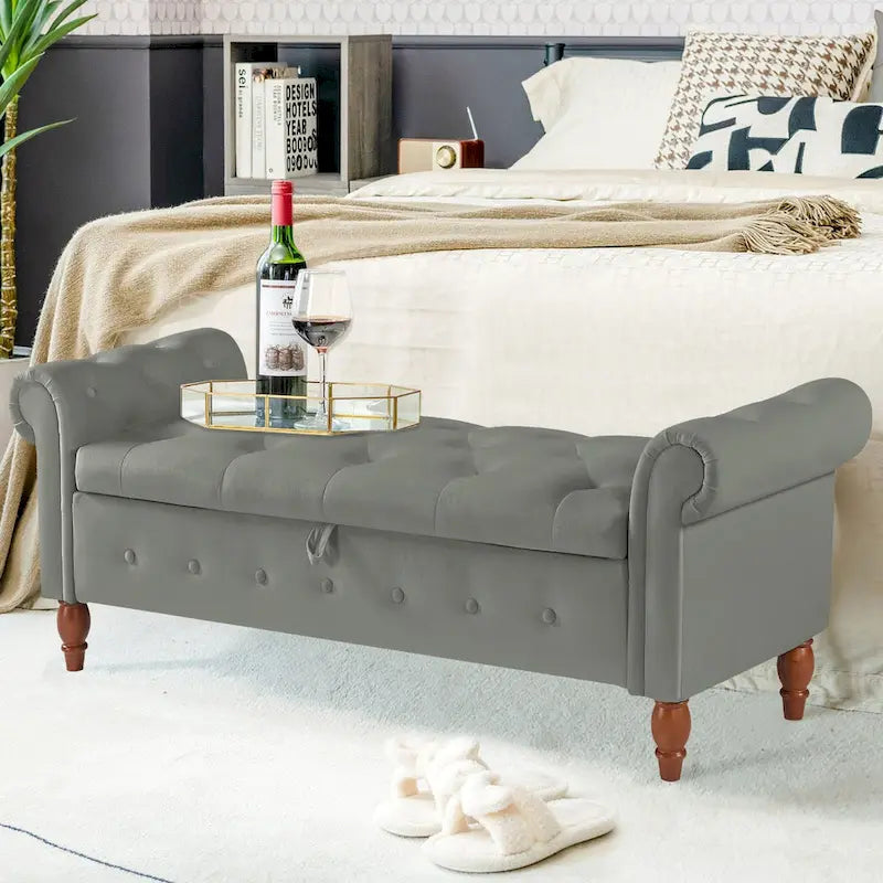 Banc ottoman de rangement capitonné gris/beige avec accoudoirs roulés, 1 à 2 places