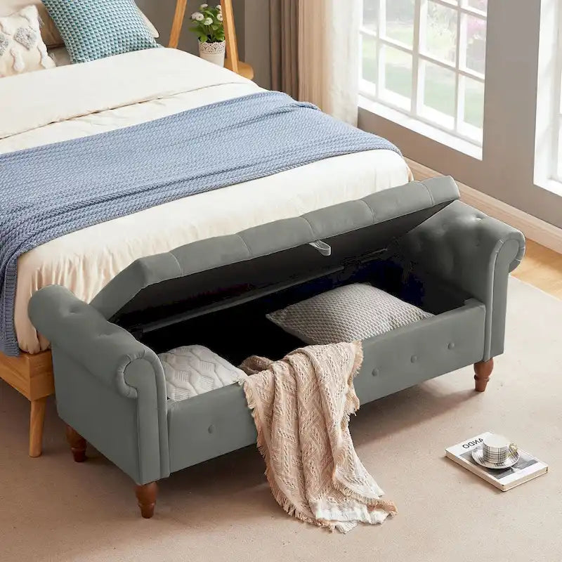 Banc ottoman de rangement capitonné gris/beige avec accoudoirs roulés, 1 à 2 places