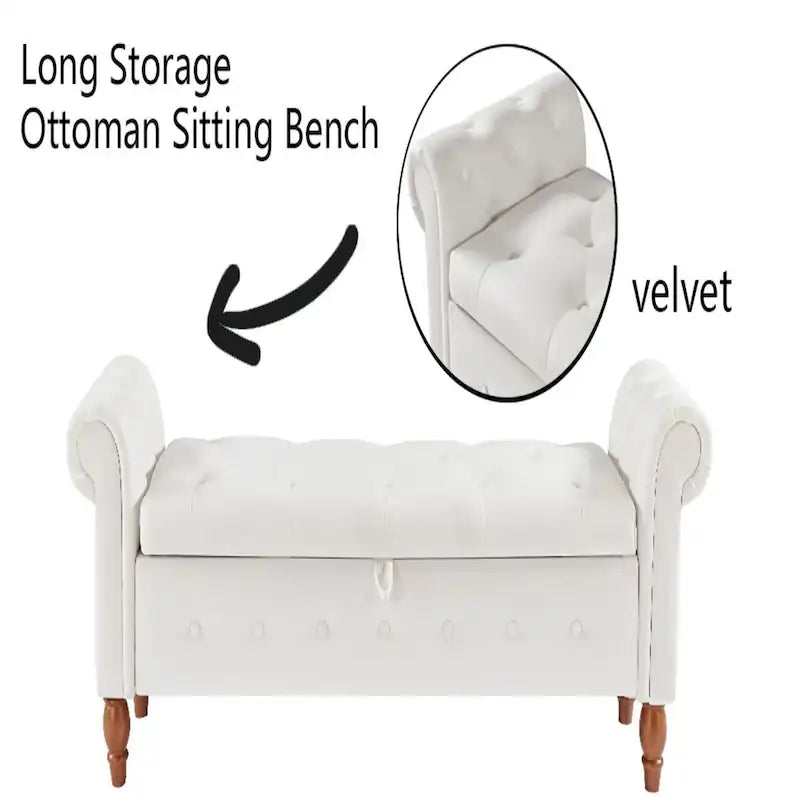 Banc ottoman de rangement capitonné gris/beige avec accoudoirs roulés, 1 à 2 places
