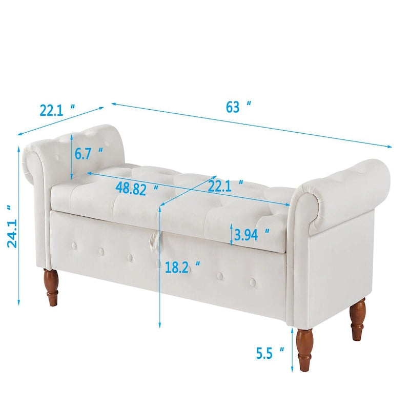 Banc ottoman de rangement capitonné gris/beige avec accoudoirs roulés, 1 à 2 places