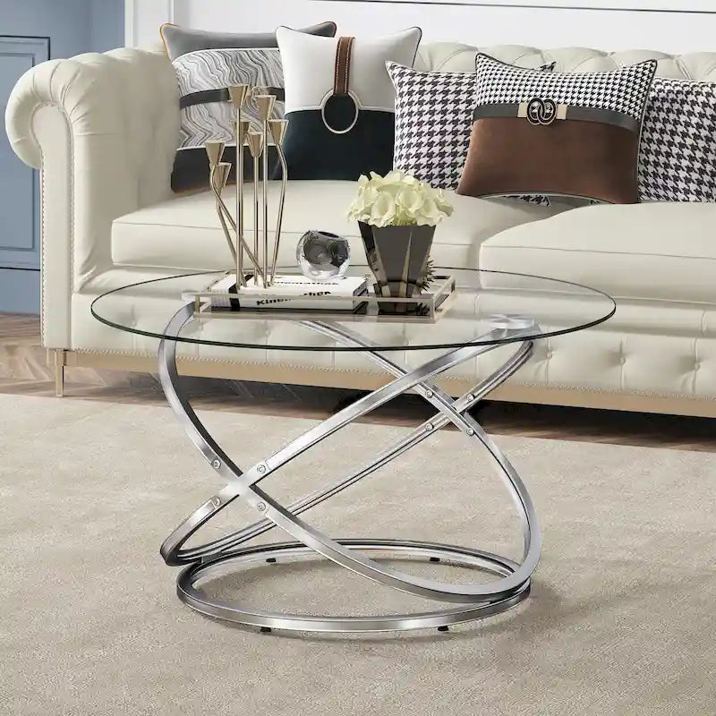 Table d'appoint ronde – Plateau verre/pierre, base chrome/or, table d'appoint 1 personne