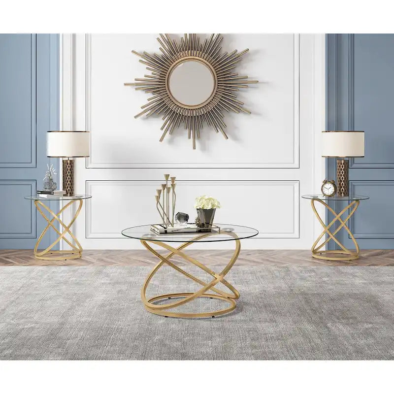 Table d'appoint ronde – Plateau verre/pierre, base chrome/or, table d'appoint 1 personne