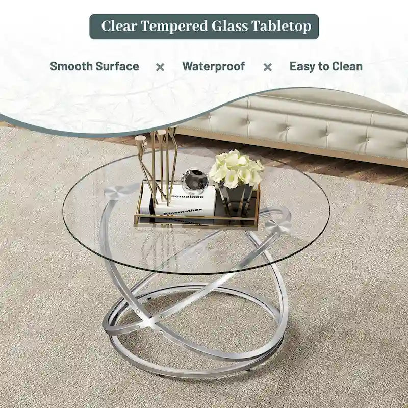 Table d'appoint ronde – Plateau verre/pierre, base chrome/or, table d'appoint 1 personne