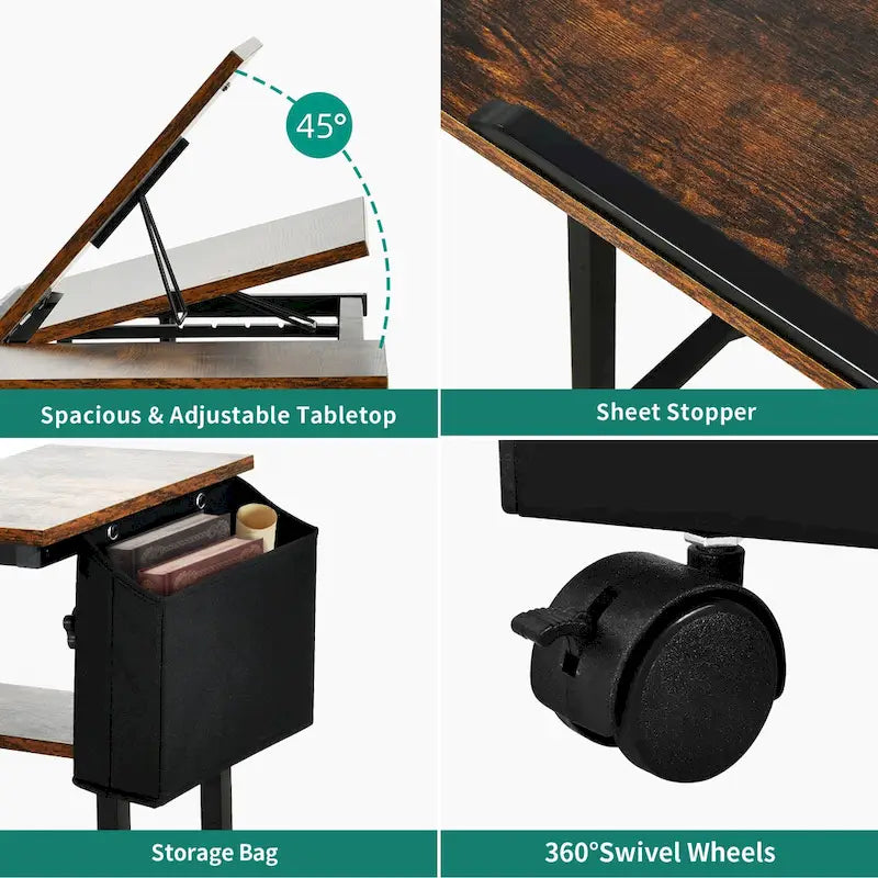 Bureau d'ordinateur portable réglable en hauteur marron/gris/noir avec roulettes et station de recharge – 1 personne