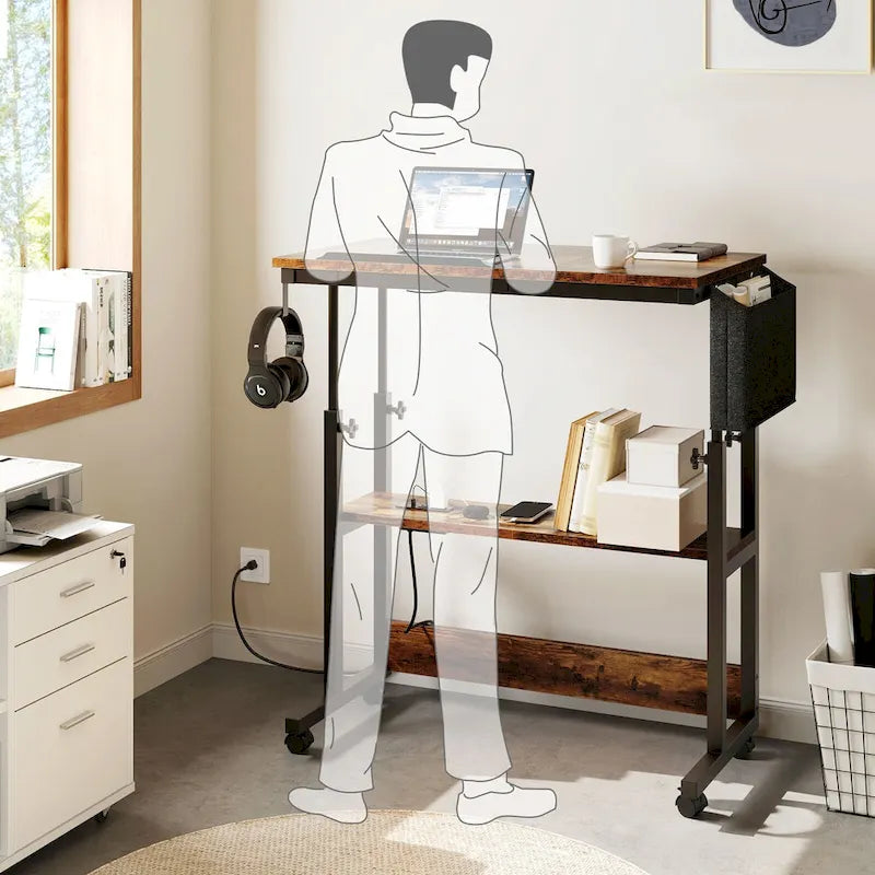 Bureau d'ordinateur portable réglable en hauteur marron/gris/noir avec roulettes et station de recharge – 1 personne