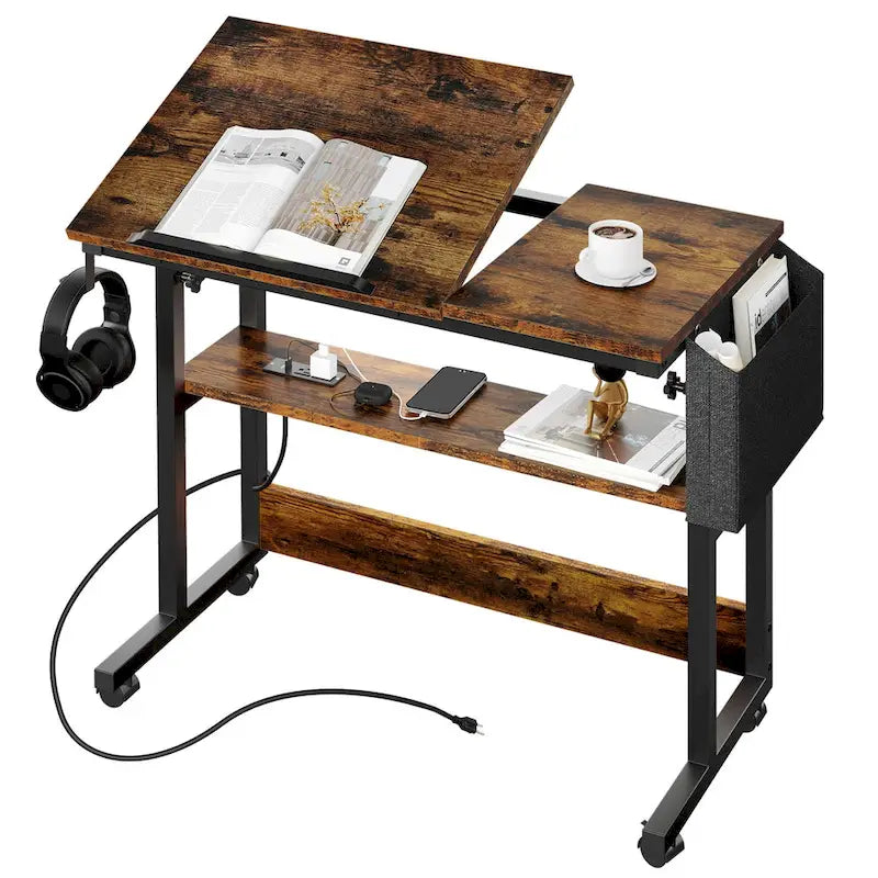 Bureau d'ordinateur portable réglable en hauteur marron/gris/noir avec roulettes et station de recharge – 1 personne