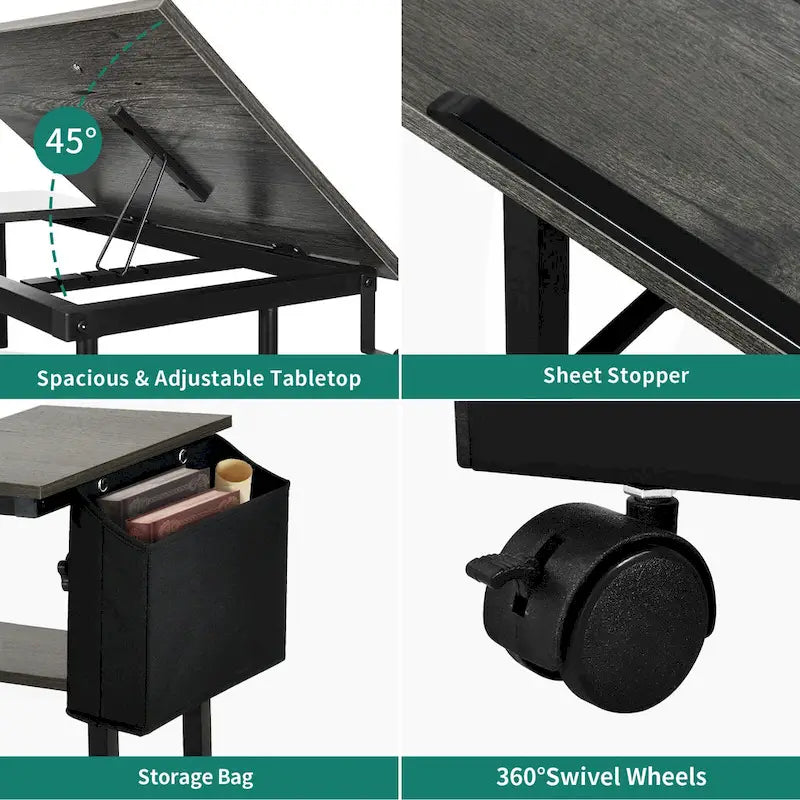 Bureau d'ordinateur portable réglable en hauteur marron/gris/noir avec roulettes et station de recharge – 1 personne