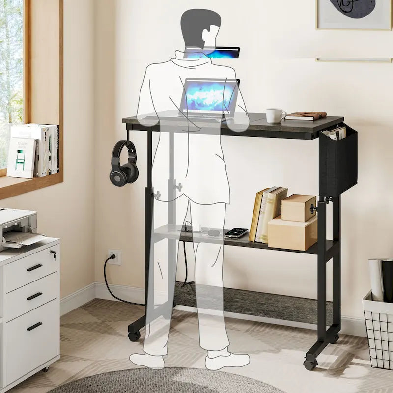 Bureau d'ordinateur portable réglable en hauteur marron/gris/noir avec roulettes et station de recharge – 1 personne