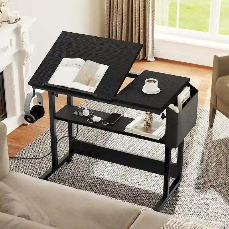 Bureau d'ordinateur portable réglable en hauteur marron/gris/noir avec roulettes et station de recharge – 1 personne