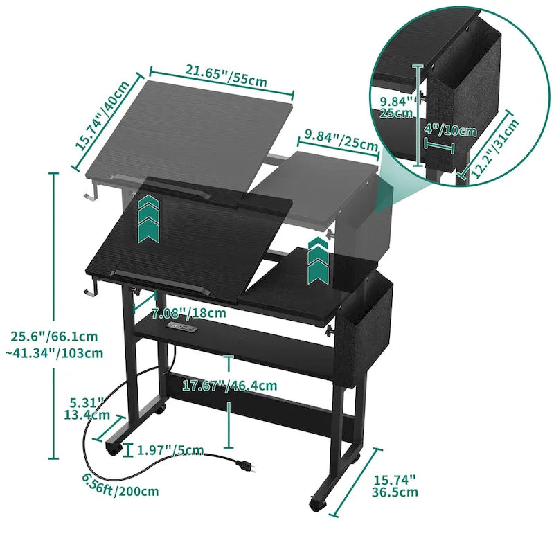 Bureau d'ordinateur portable réglable en hauteur marron/gris/noir avec roulettes et station de recharge – 1 personne