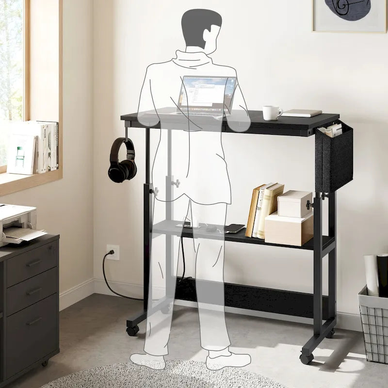 Bureau d'ordinateur portable réglable en hauteur marron/gris/noir avec roulettes et station de recharge – 1 personne