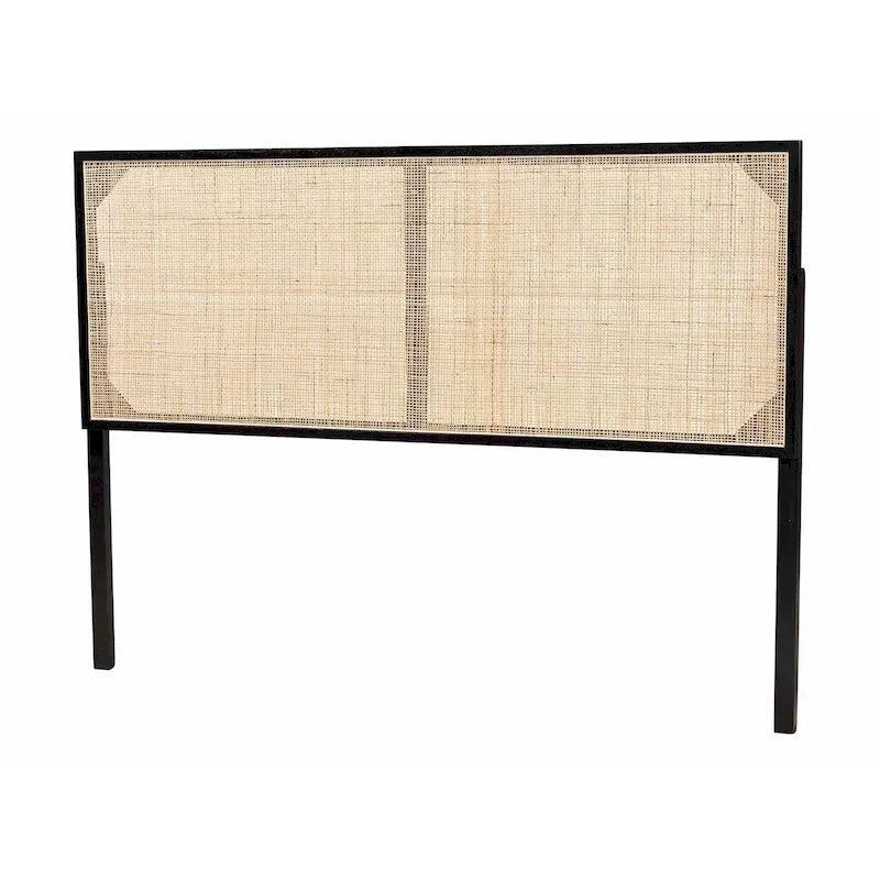 Tête de lit Queen en bois de bayur et rotin bohème – Noir / Marron foncé / Marron naturel – Lit simple