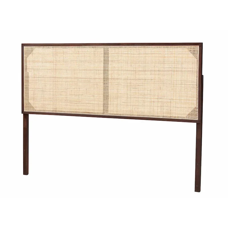 Tête de lit Queen en bois de bayur et rotin bohème – Noir / Marron foncé / Marron naturel – Lit simple
