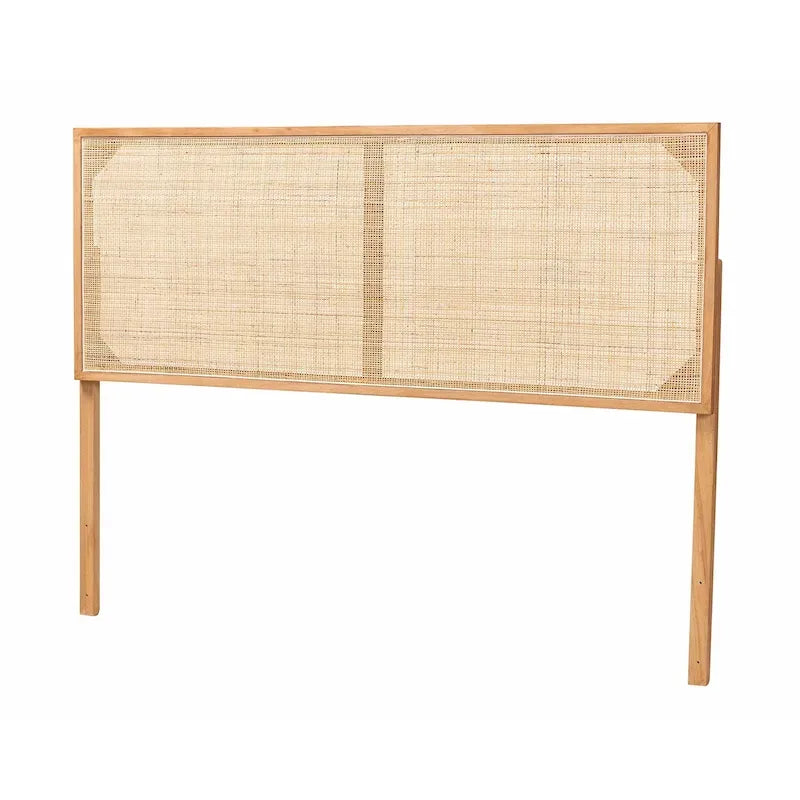 Tête de lit Queen en bois de bayur et rotin bohème – Noir / Marron foncé / Marron naturel – Lit simple