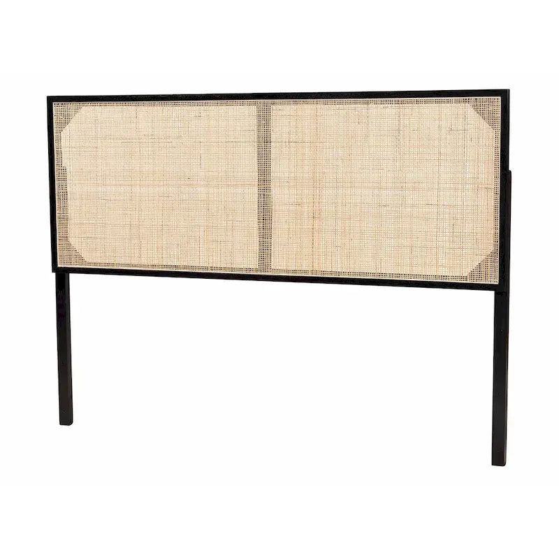 Tête de lit Queen en bois de bayur et rotin bohème – Noir / Marron foncé / Marron naturel – Lit simple