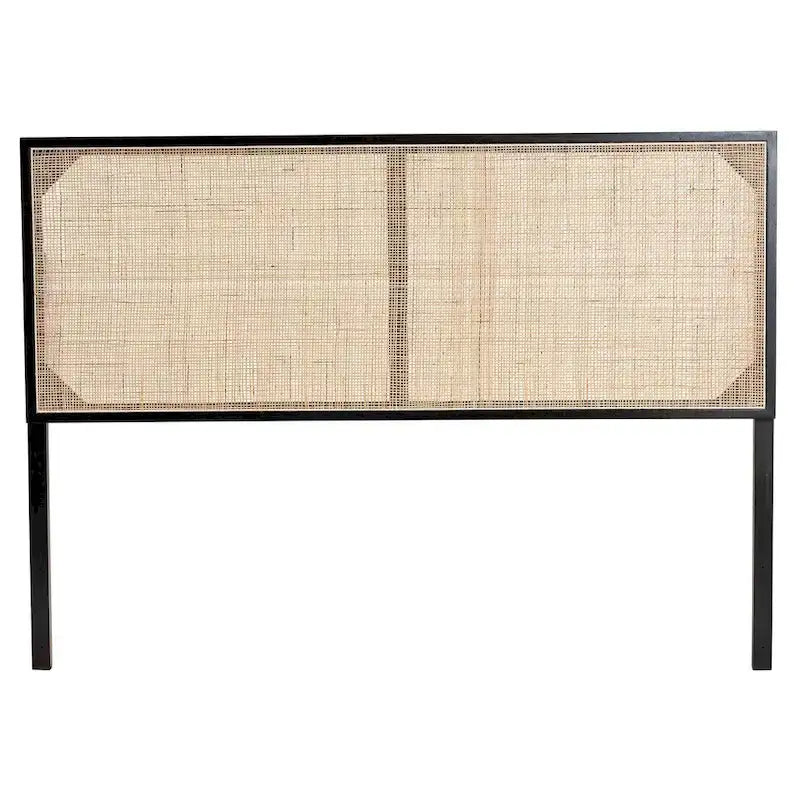 Tête de lit Queen en bois de bayur et rotin bohème – Noir / Marron foncé / Marron naturel – Lit simple