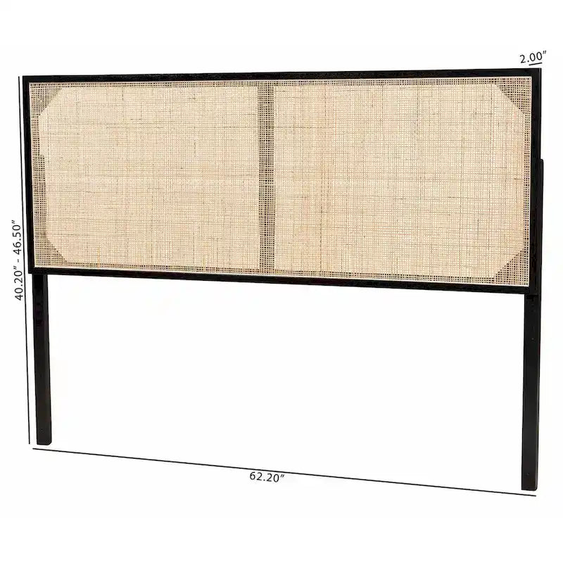 Tête de lit Queen en bois de bayur et rotin bohème – Noir / Marron foncé / Marron naturel – Lit simple