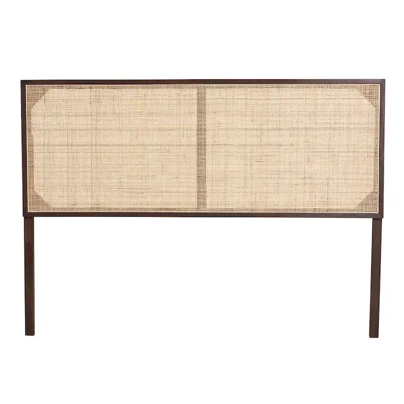 Tête de lit Queen en bois de bayur et rotin bohème – Noir / Marron foncé / Marron naturel – Lit simple