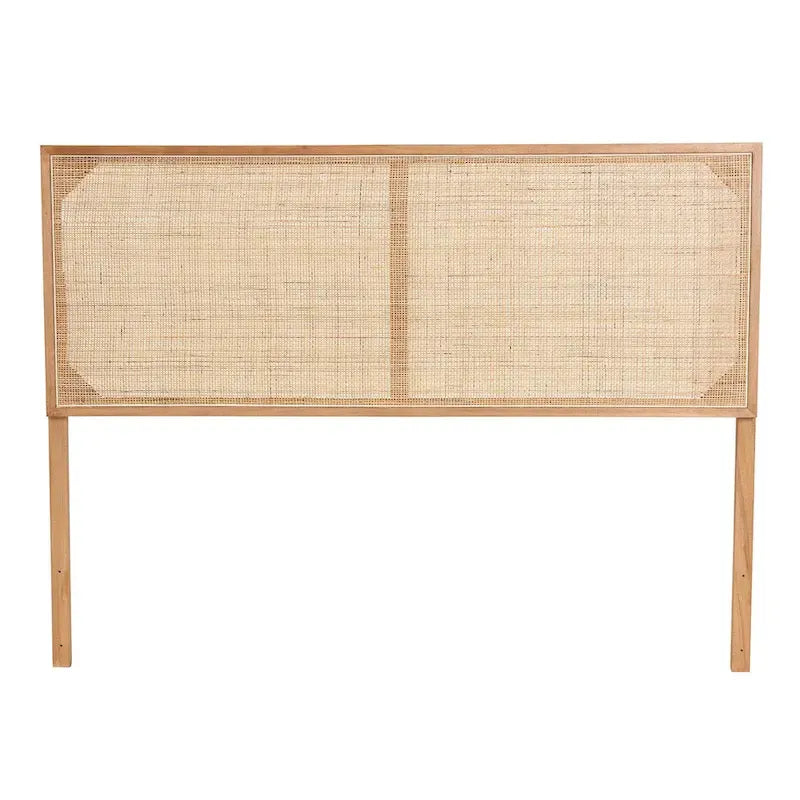 Tête de lit Queen en bois de bayur et rotin bohème – Noir / Marron foncé / Marron naturel – Lit simple