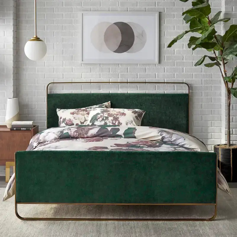 Lit plateforme capitonné Queen — Gris / Vert émeraude / Rose, 1 place