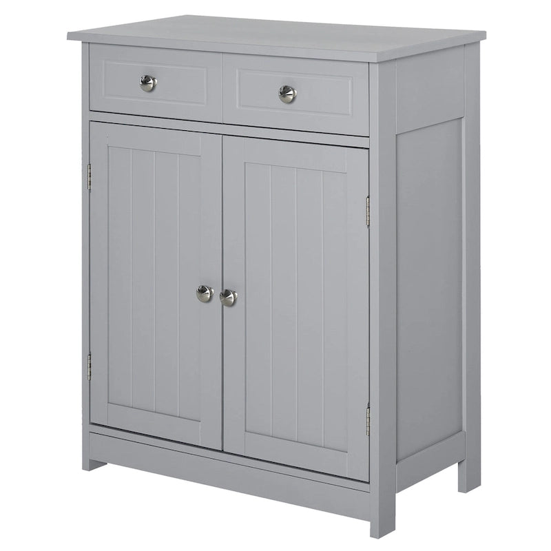 Meuble de salle de bain autoportant en bois gris avec 2 tiroirs et une étagère réglable