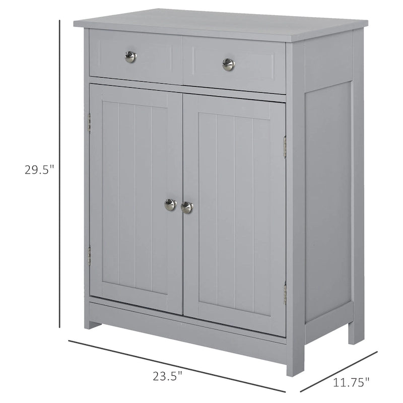 Meuble de salle de bain autoportant en bois gris avec 2 tiroirs et une étagère réglable